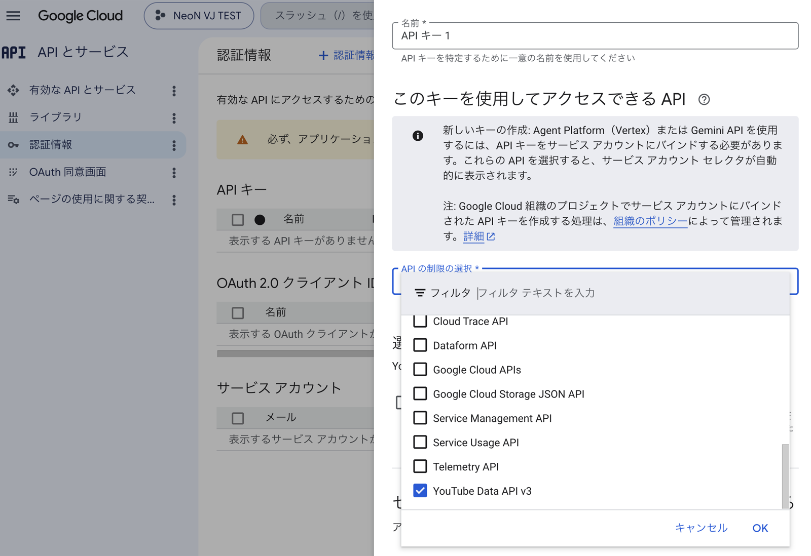 YouTube Data API v3 checked in the API restriction selection list
