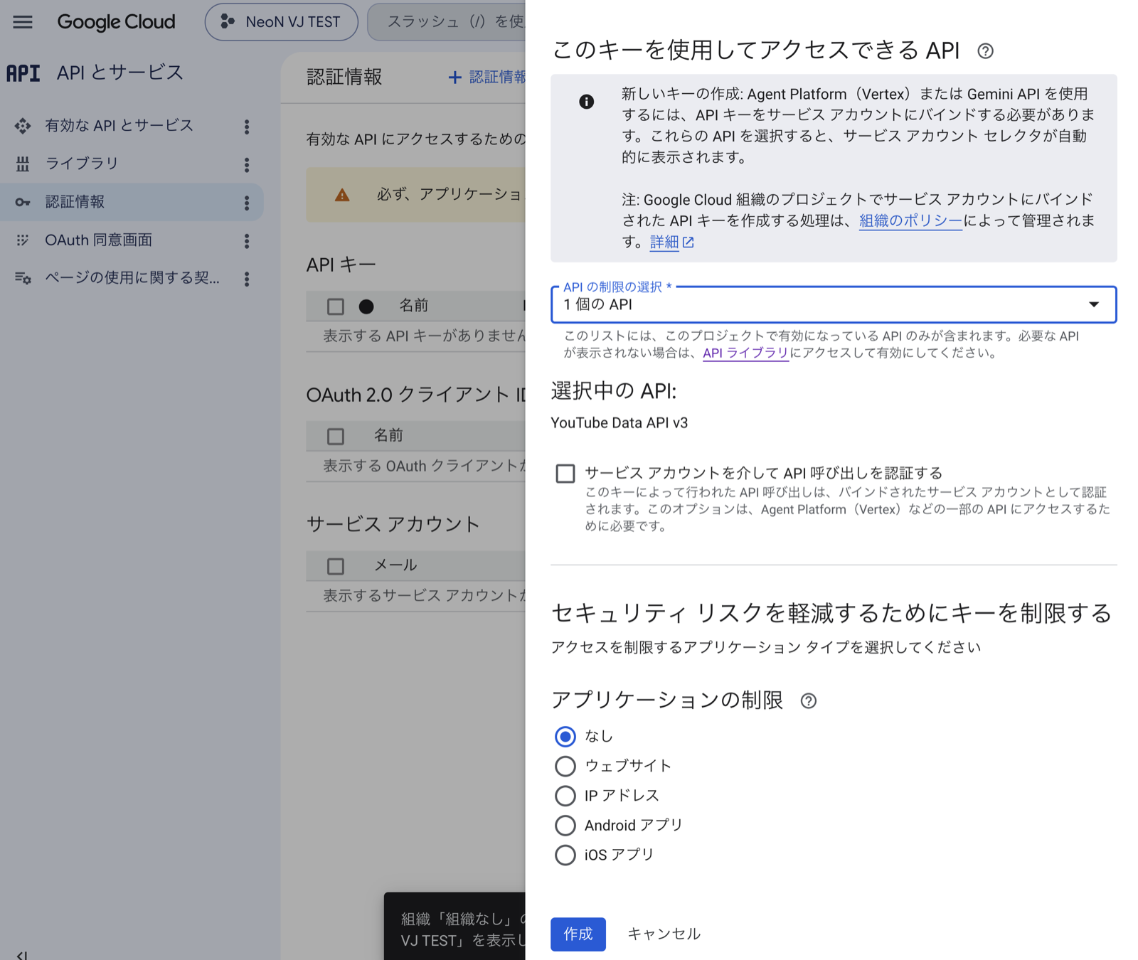 Application restrictions set to None, with the Create button